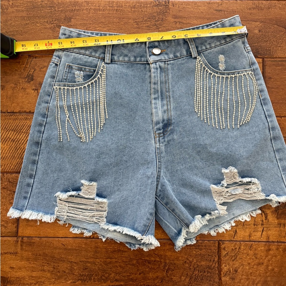 Blue B Collection Rhinestone Fringe Distressed Denim Shorts - Picture 8 of 10